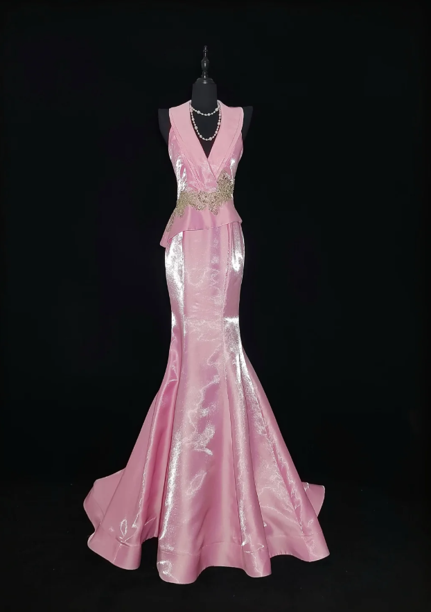 Classy V Neck Sleeveless Pink Satin Mermaid Long Evening Dress Prom Dresses SP434
