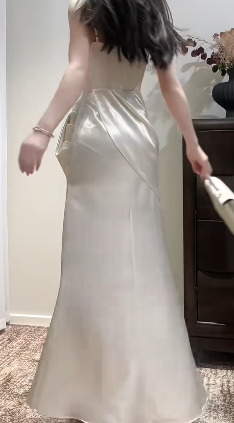 Elegant Spaghetti Straps Ivory White Satin Pleated Slit Mermaid Bridesmaid Dress SP423