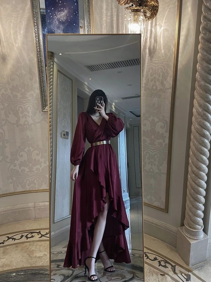 A-line V Neck Hi-low Evening Dress With Long Sleeves Y4522
