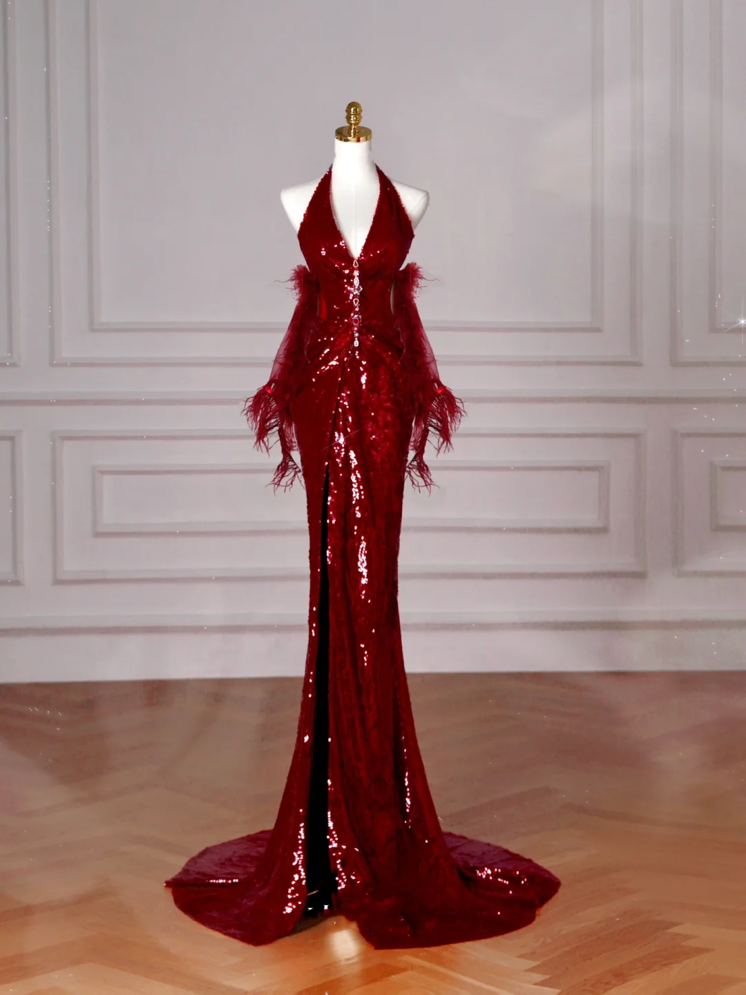 Sexy Burgundy Sequins Halter V Neck Evening Dress,Backless Mermaid Evening Dress Y8628