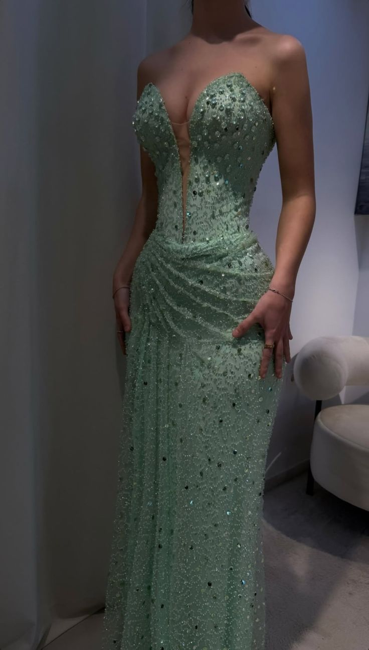 Sparkly Strapless Green Sequin Beaded Mermaid Evening Dress Long Prom Gowns SP391