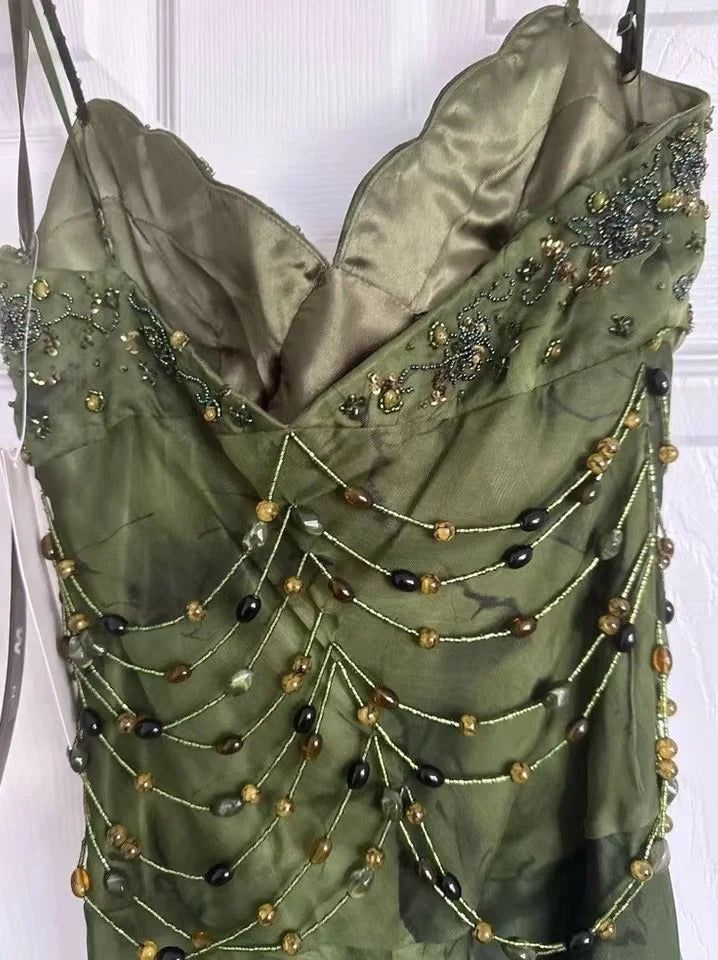 Vintage Spaghetti Straps Green Chiffon Beaded Mermaid Slit Long Prom Dress Birthday Evening Gown SP1811