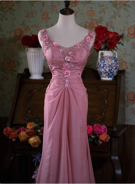 Retro V Neck Sleeveless Pink Beaded 3D Appliques Long Prom Dress Backless Mermaid Birthday Party Dress SP491