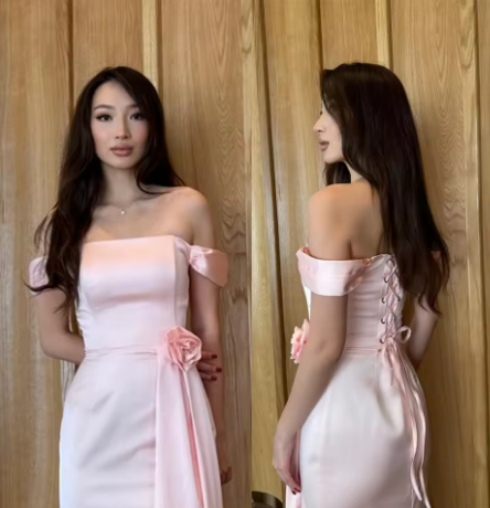 Sweet Pink Off The Shoulder Satin Long Bridesmaid Dress Birthday Outfits SP762