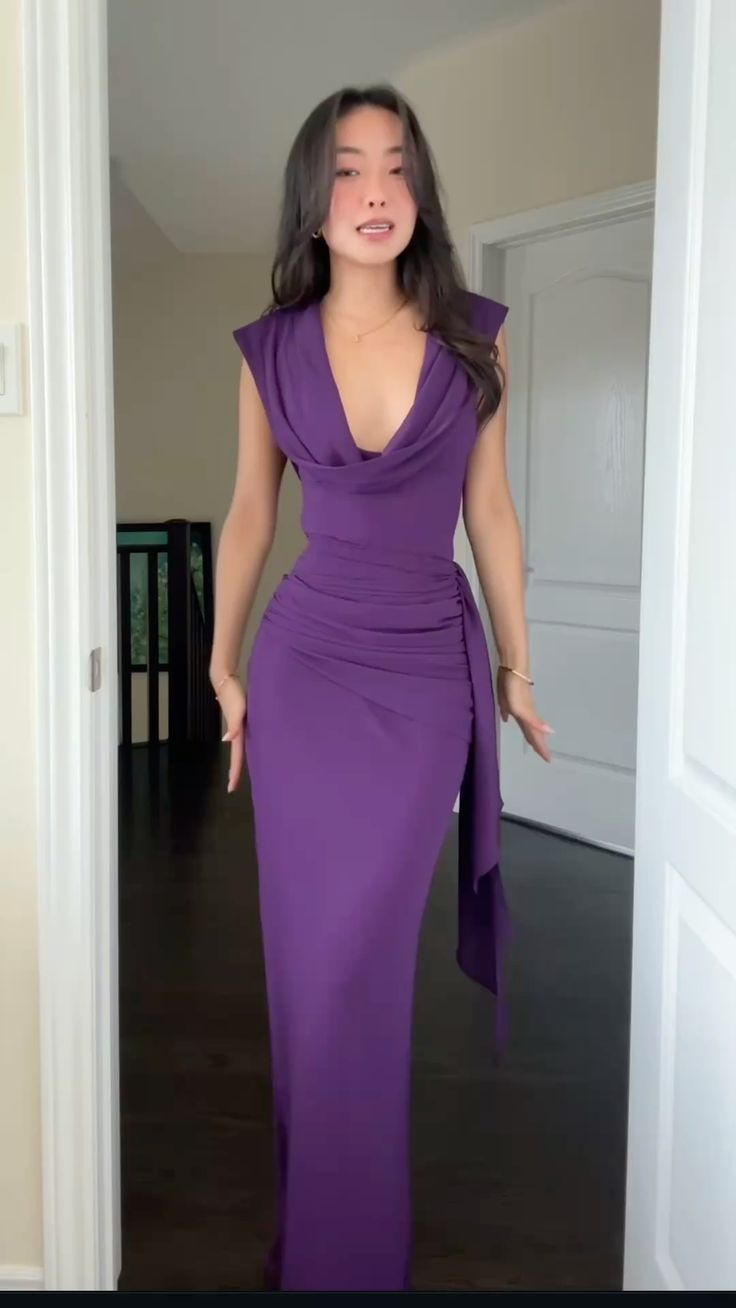 Elegant Purple Satin Pleated Sheath Long Prom Dress Party Gown SP231