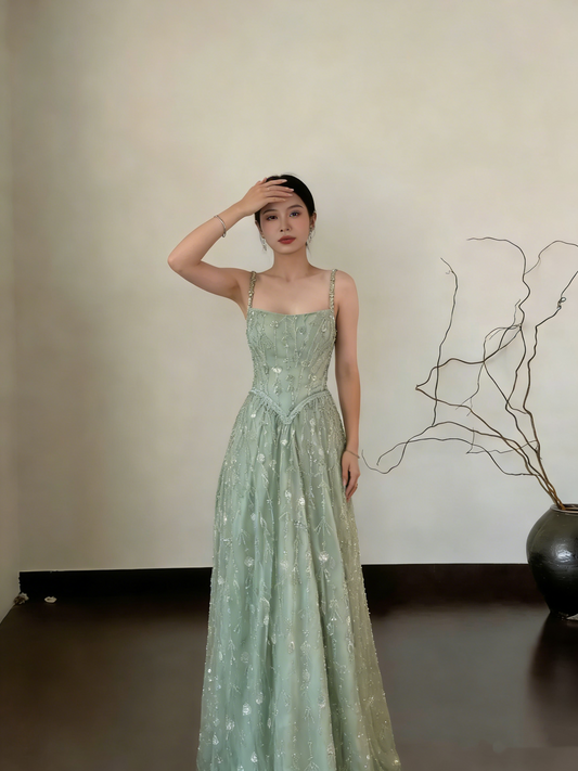 Pretty Green Spaghetti Straps Tulle Sequin Beaded A Line Long Wedding Guest Dress Formal Party Dress Prom Gown SP1548