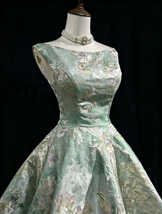 Elegant Sleeveless Light Green Satin Print Floral A Line Short Graduation Homecoming Dress SP2927