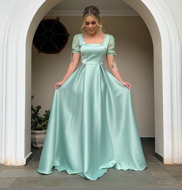 Modest A-line Square Neck Puff Sleeve Long Prom Dress,Wedding Guest Outfit Y4794