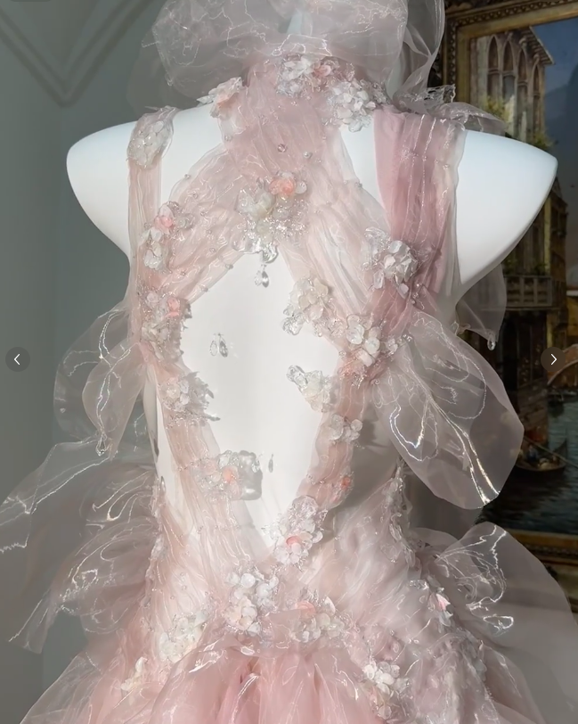 Fairy Pink Tulle Beaded Prom Dress,Long Backless Evening Dress Y8564