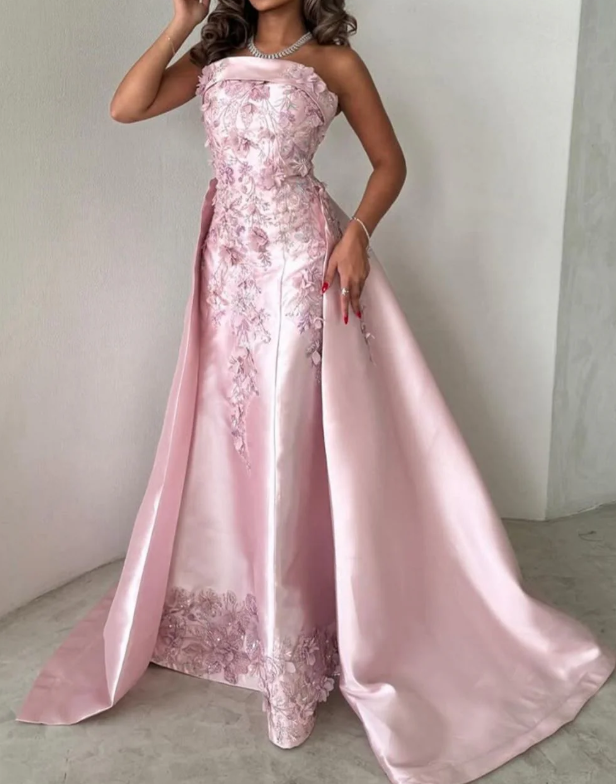 Gorgeous Pink Strapless Satin Appliques Evening Dress,Formal Prom Dress Y8427