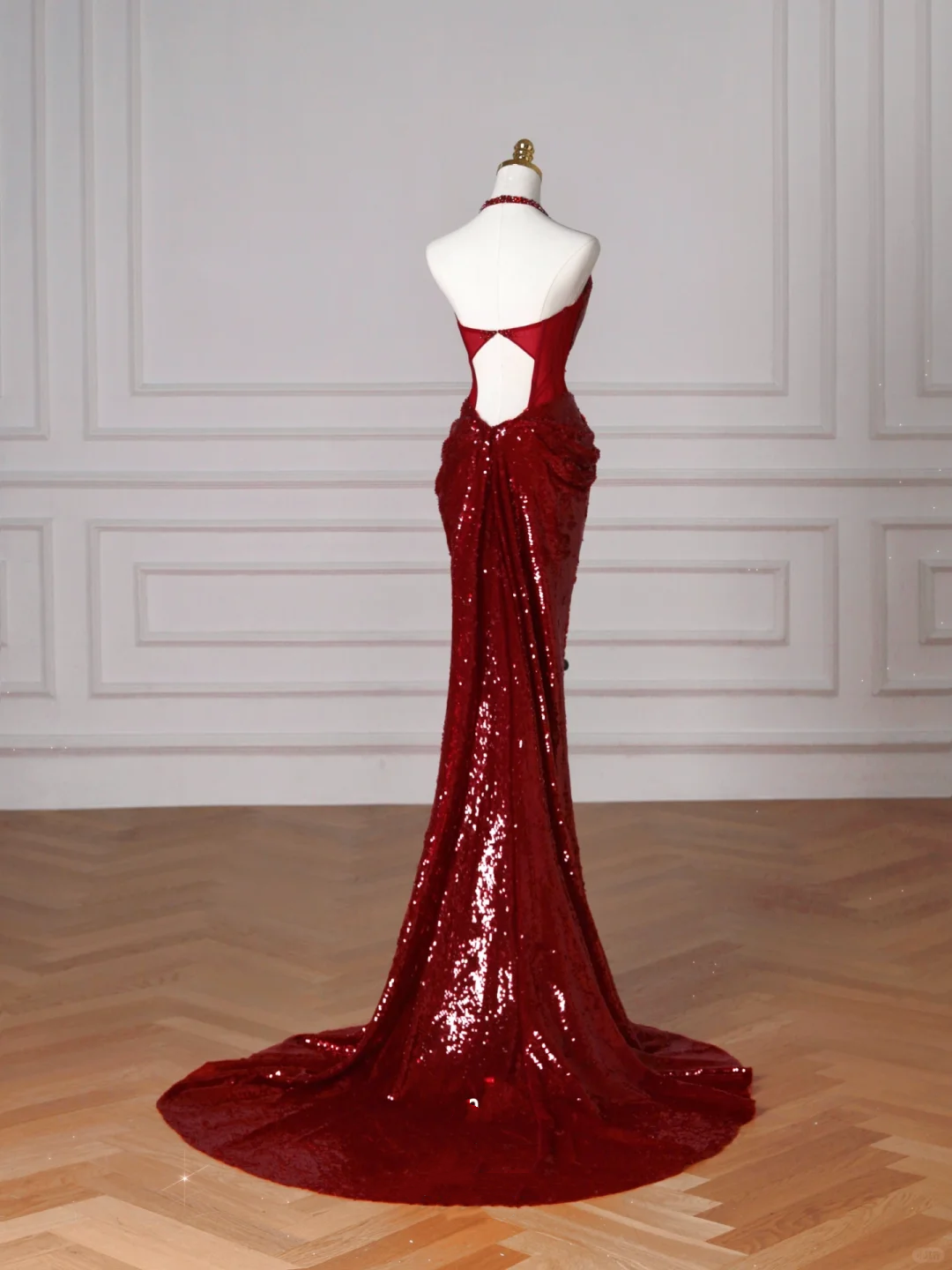 Sexy Burgundy Sequins Halter V Neck Evening Dress,Backless Mermaid Evening Dress Y8628