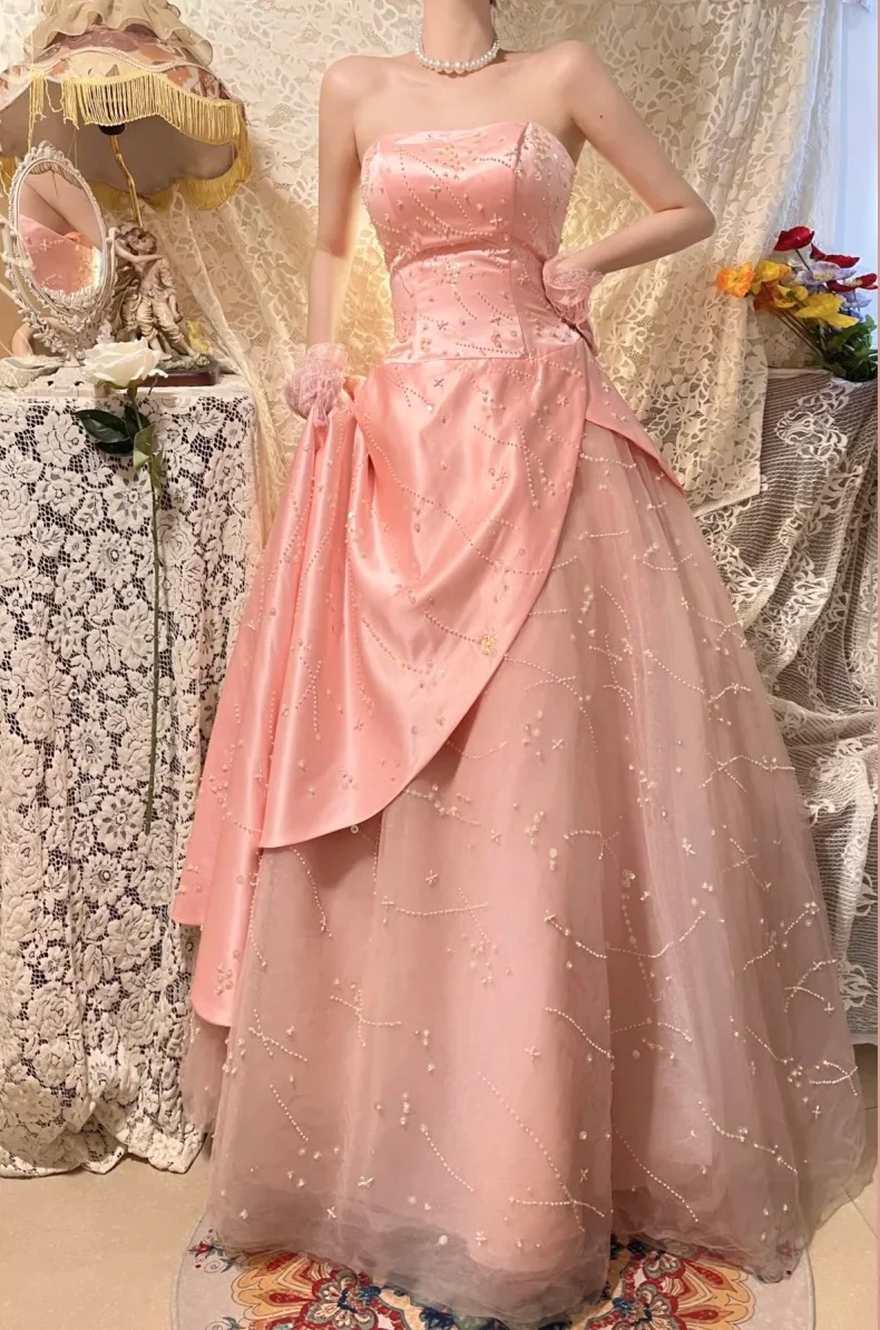 Elegant Pink Strapless Satin Tulle Beaded Long Party Dress Prom Dresses SP407
