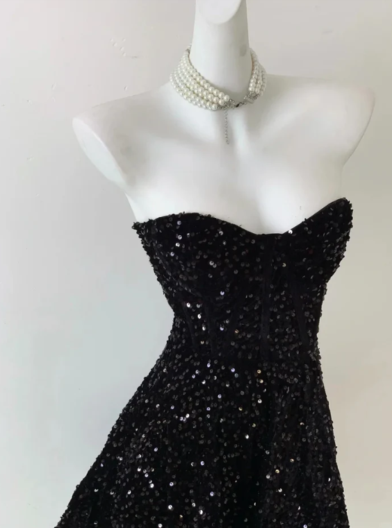 Pretty Black Strapless Sequin A Line Short Homecoming Dress Cocktail Dress Y9684