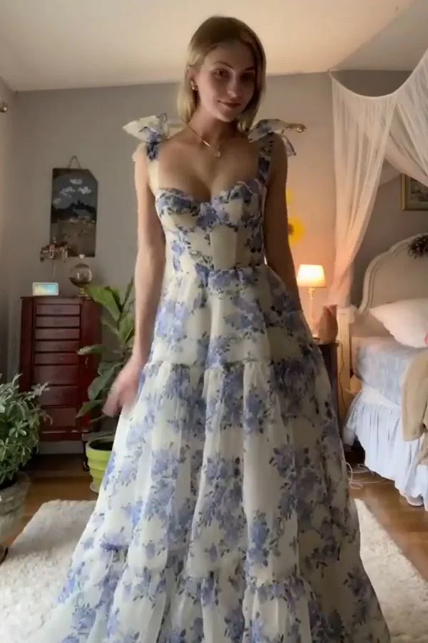 A-line Blue Floral Print Long Prom Dress,Blue Evening Dress Y2560
