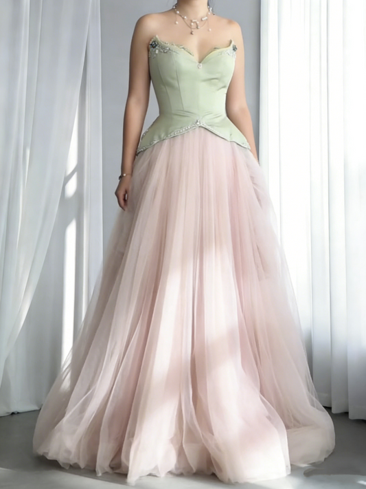 Pretty Strapless Tulle Beaded A Line Long Evening Dress Birthday Prom Dresses SP2051