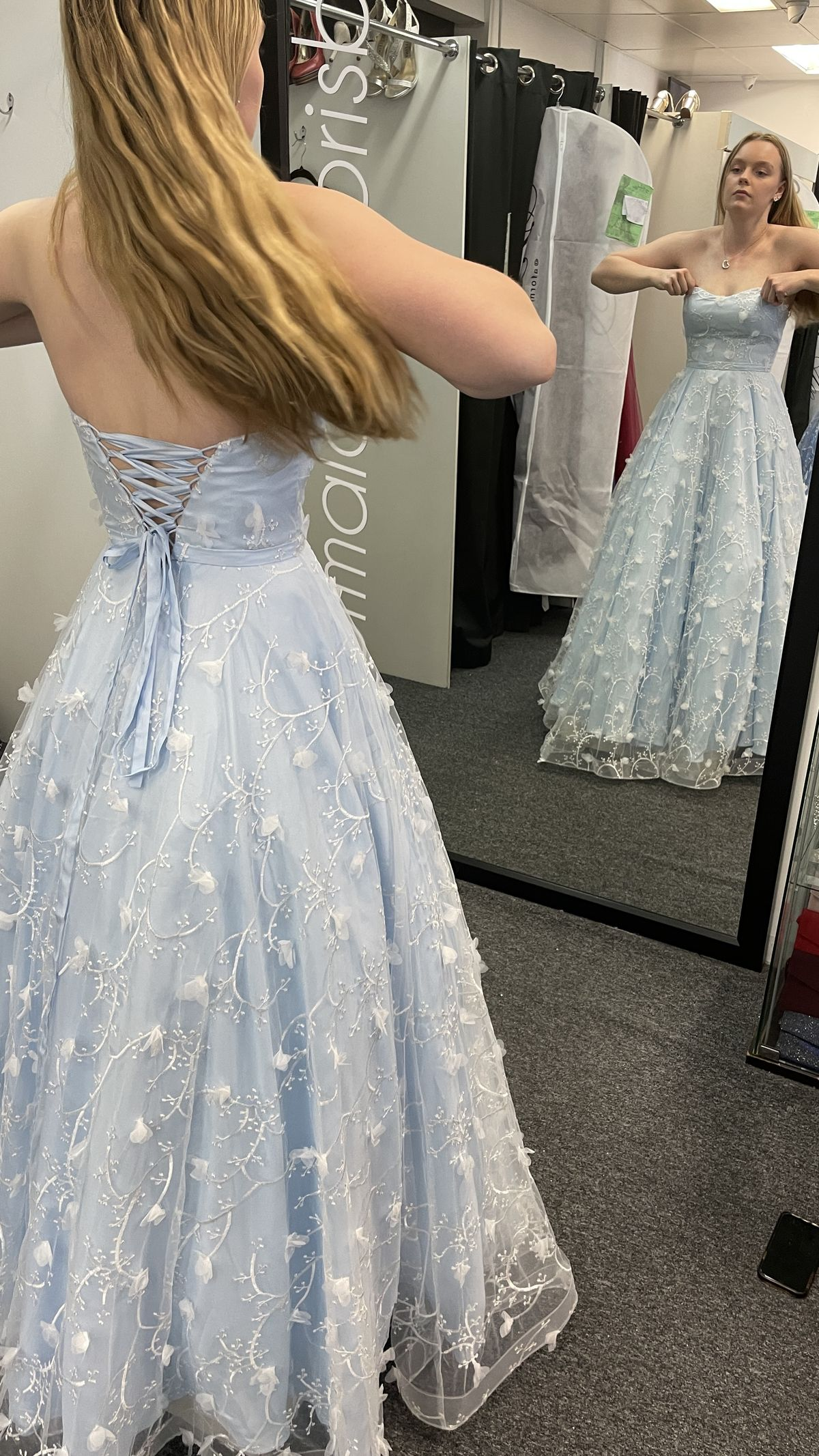 Elegant Strapless Blue Lace Appliques A Line Long Evening Dress Birthday Outfits SP1133