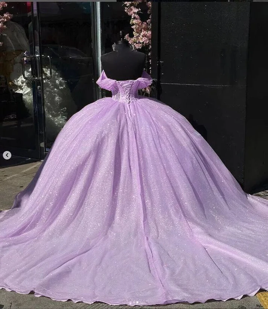 Glitter Off The Shoulder Lilac Tulle Beaded Ball Gown Quinceanera Dress Y7463