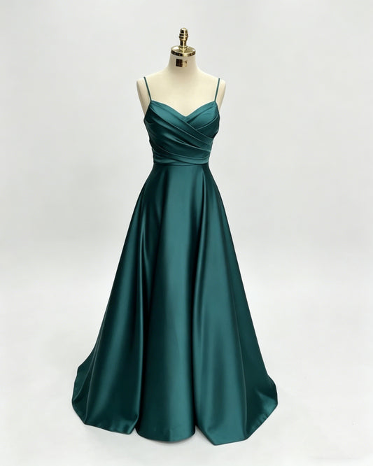 Green Women Satin Cheap Prom Dresses A Line Spaghetti Straps Long Girls Formal Evening Party Gowns Christmas Wears Y4578