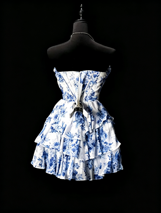 Unique Blue Chiffon Print Floral Layered A Line Short Graduation Homecoming Dress Cocktail Dress SP3160