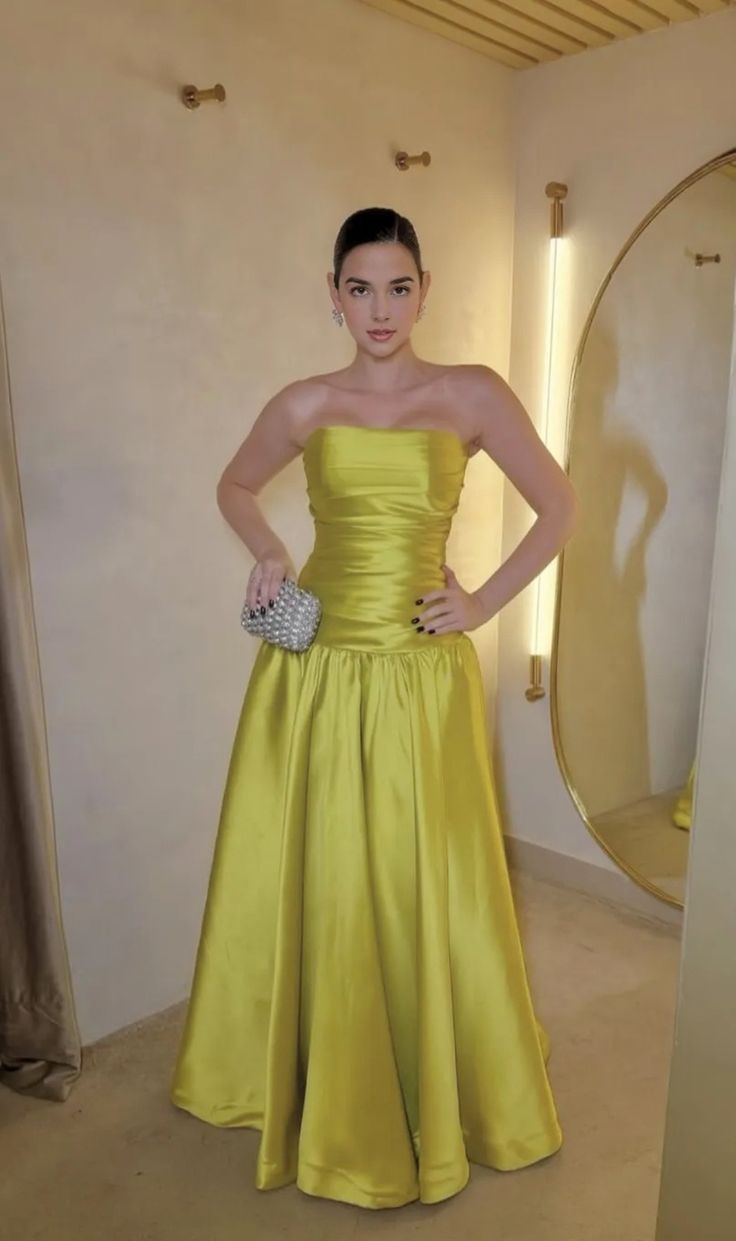 Fashion Strapless Lime Green Satin A Line Long Party Dress Wedding Guest Dress SP864