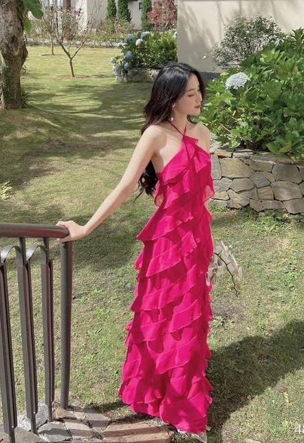 Sexy Halter Pink Layered Chiffon Prom Dress Birthday Outfit Y7568