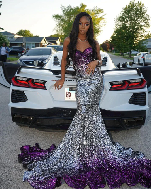 Long Sparkly Prom Dresses Gorgeous Sweetheart Sexy Mermaid Silver and Purple Sequin Black Girls Prom Party Gowns Y4250