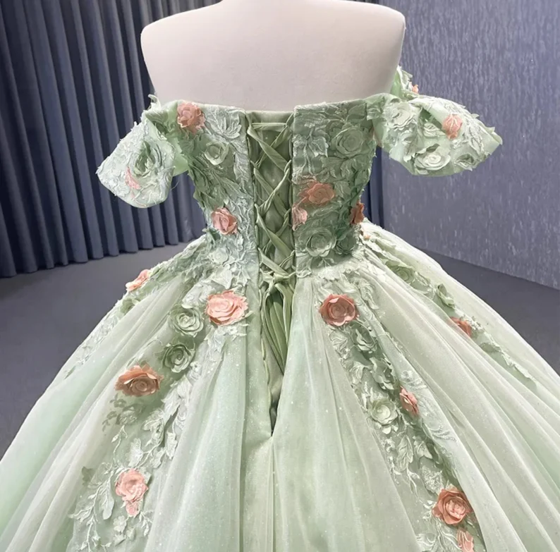 Matcha Green Off The Shoulder Floral Appliqués Shimmering Lace Up Back Quinceañera Pageant Special Occasion Gala Ball Gown Y2190