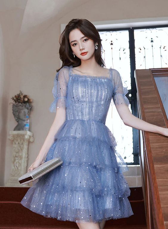 Blue Short Layers Tulle Formal Dress, Blue Off Shoulder Homecoming Dress Party Dress Y1975