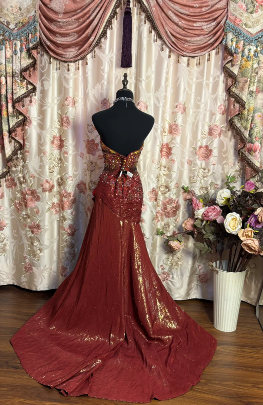 Retro Strapless Satin Beaded Mermaid Long Wedding Guest Dress Formal Evening Dress SP1606