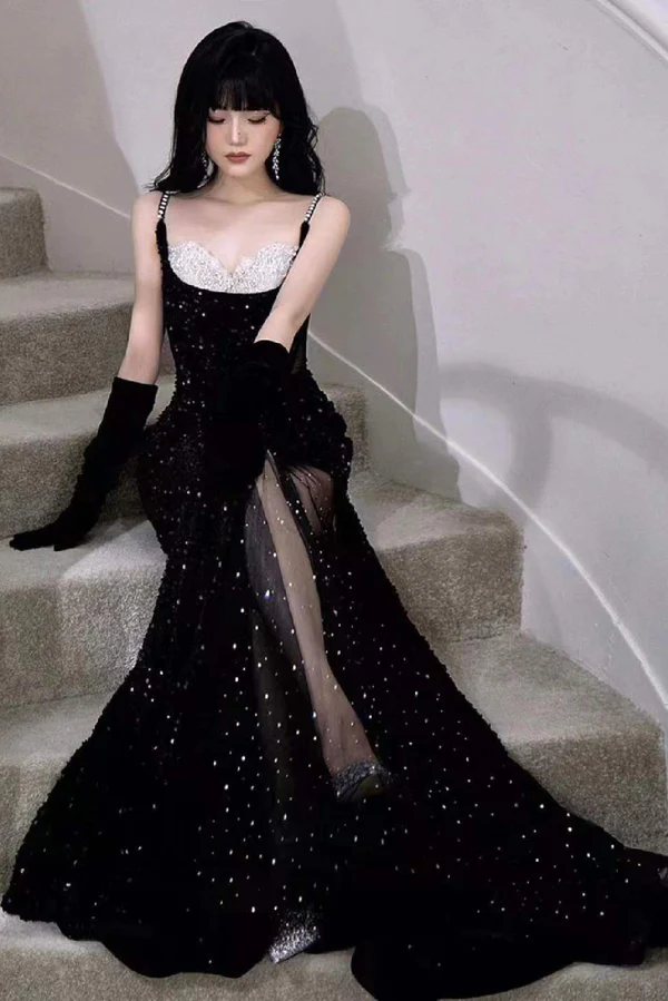 Black Mermaid Sequins Prom Dress Spaghetti Straps Sleeveless Beading Party Gown Y4110