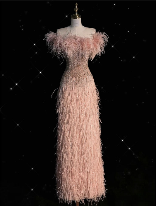 Luxury Strapless Feathers Beaded Floor Length Evening Dress Pink Prom Dress Y8771