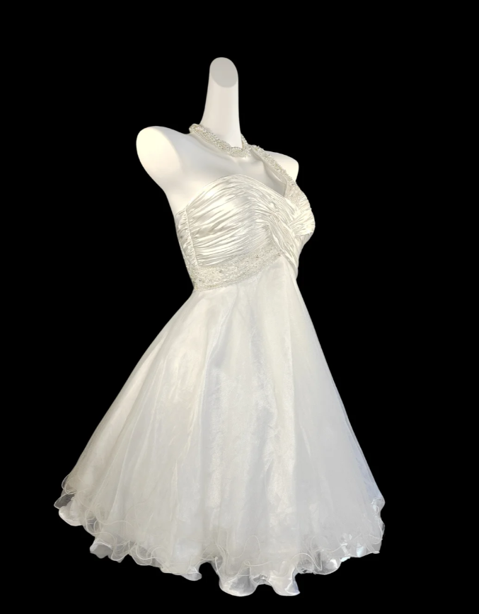 Cute One Shoulder White Satin Tulle Beaded A Line Short Homecoming Dress Birthday Outfits SP355