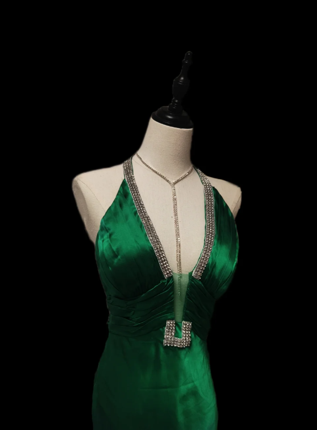 Trendy V Neck Green Satin Beaded Mermaid Evening Dress Long Prom Gown SP607