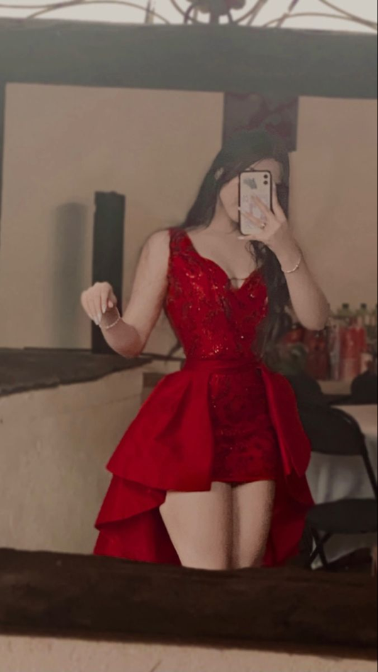 Charming A-line V Neck Red Hi-low Prom Dress Birthday Party Dress Y4183