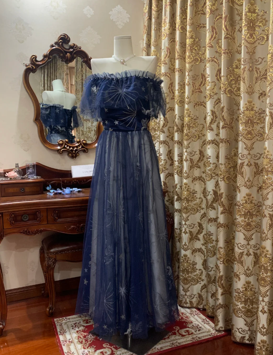Glamorous Off The Shoulder Tulle A Line Long Wedding Guest Dress Navy Blue Birthday Prom Dress Evening Gown SP1609