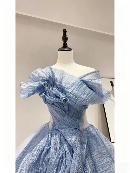 Chic Blue Off-the-Shoulder Ball Gown Party Dress Organza Asymmetrical Ruffle Layered Tulle Fairy Wedding Guest Gown SP2735