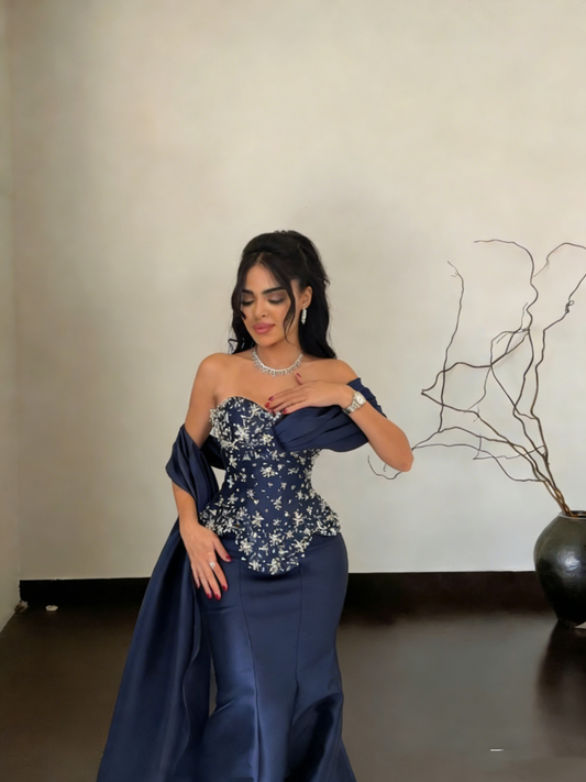 Elegant Navy Blue Off The Shoulder Satin Mermaid Long Party Dress Formal Birthday Prom Dress SP1526