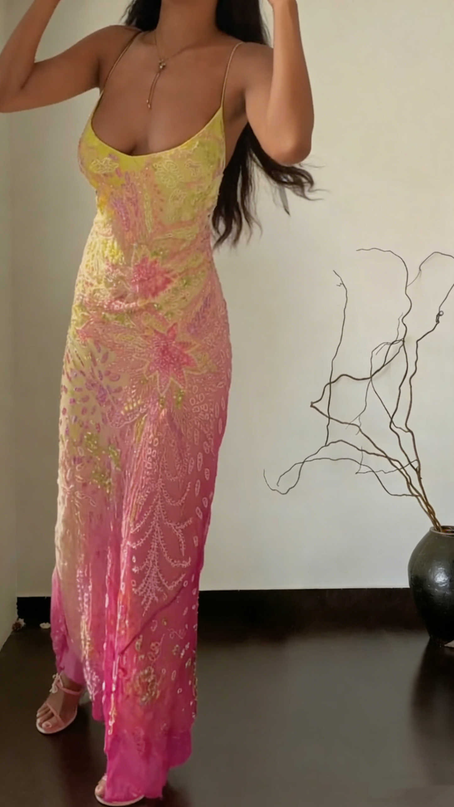 Unique Spaghetti Straps Ombre Chiffon Beaded Long Party Dress Evening Gown SP1530