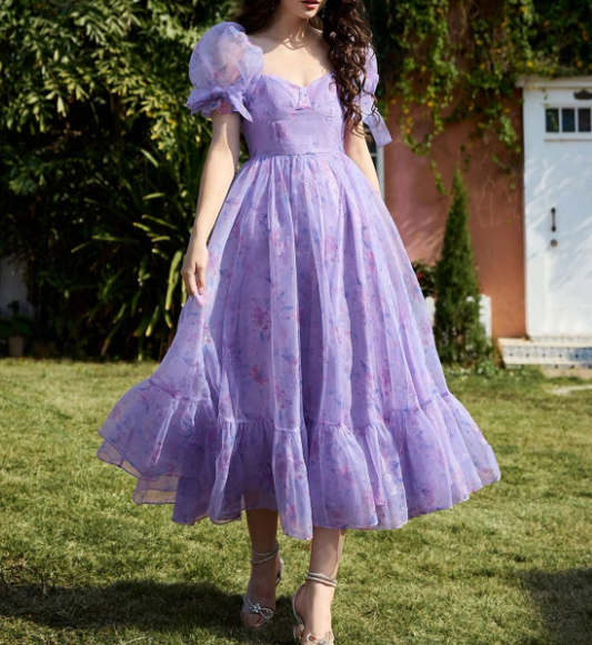 Cute Lavender Chiffon Print Floral A Line Formal Evening Dress Prom Gown SP225