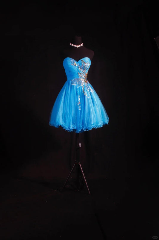 Elegant Blue Strapless Tulle Sequin Beaded Short Homecoming Dress,Mini Birthday Dress SP2834