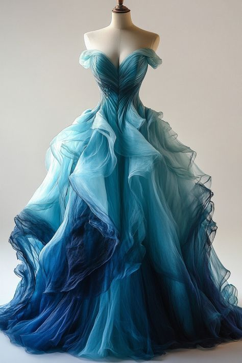 Luxury Ombre Blue Organza Evening Dress,A Line Off The Shoulder Prom Dress Y8368