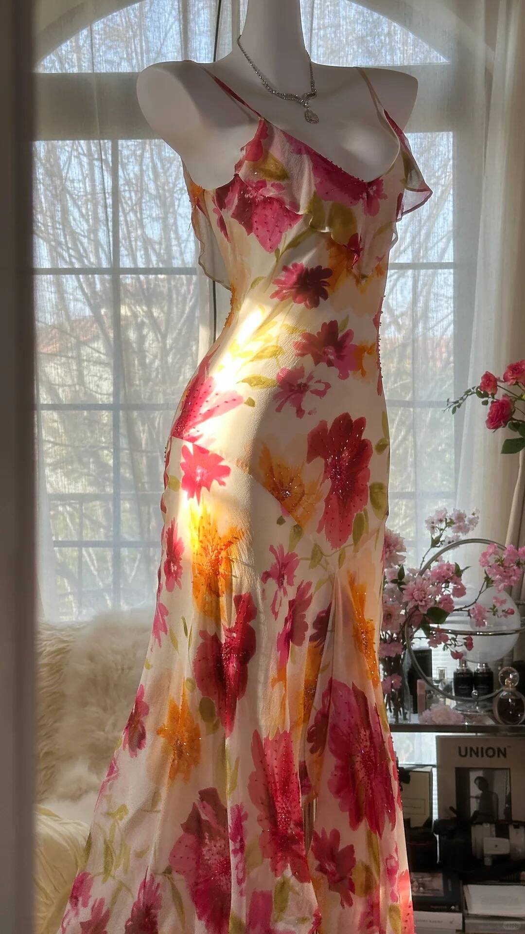 Beautiful Spaghetti Straps Chiffon Print Floral Mermaid Evening Dress Formal Party Gown Y8915