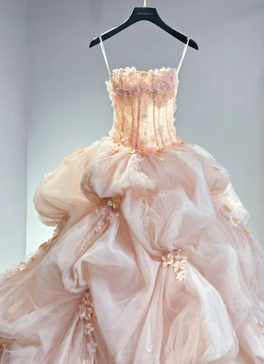 Pretty Pink Strapless Organza Appliques Long Wedding Dress SP730