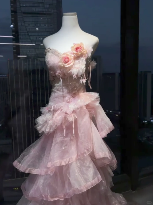 Pretty Sweetheart Neck Pink Tulle Ruffles Sequin Floral Mermaid Long Party Dress Birthday Dress SP2538