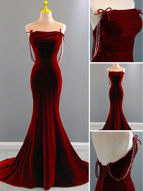 Charming Mermaid Wine Red Long Velvet Evening Dress Y7404