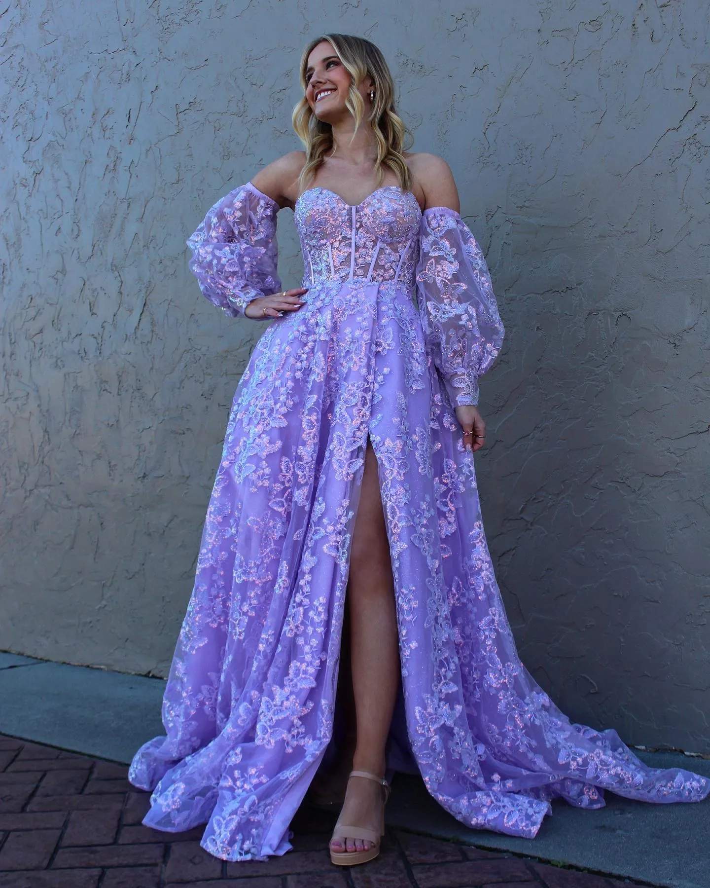 Sparkle Princess Bustier Puff Sleeve Lace Long Prom Dress Detachable Sleeves Evening Dress Y1805
