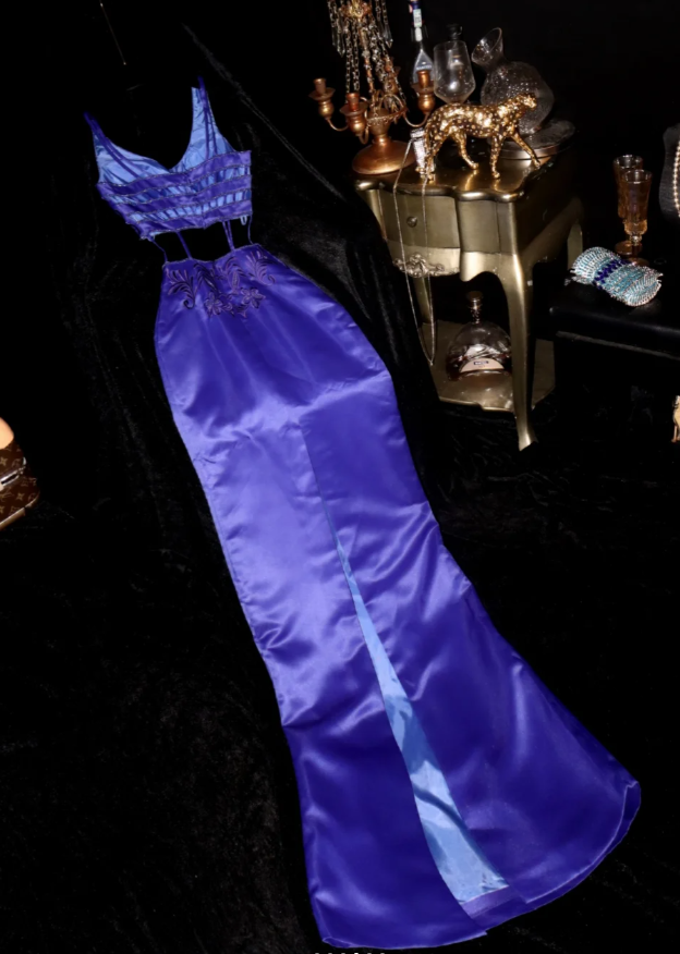 Sexy V Neck Purple Satin Beaded Mermaid Evening Dress Prom Dresses SP714