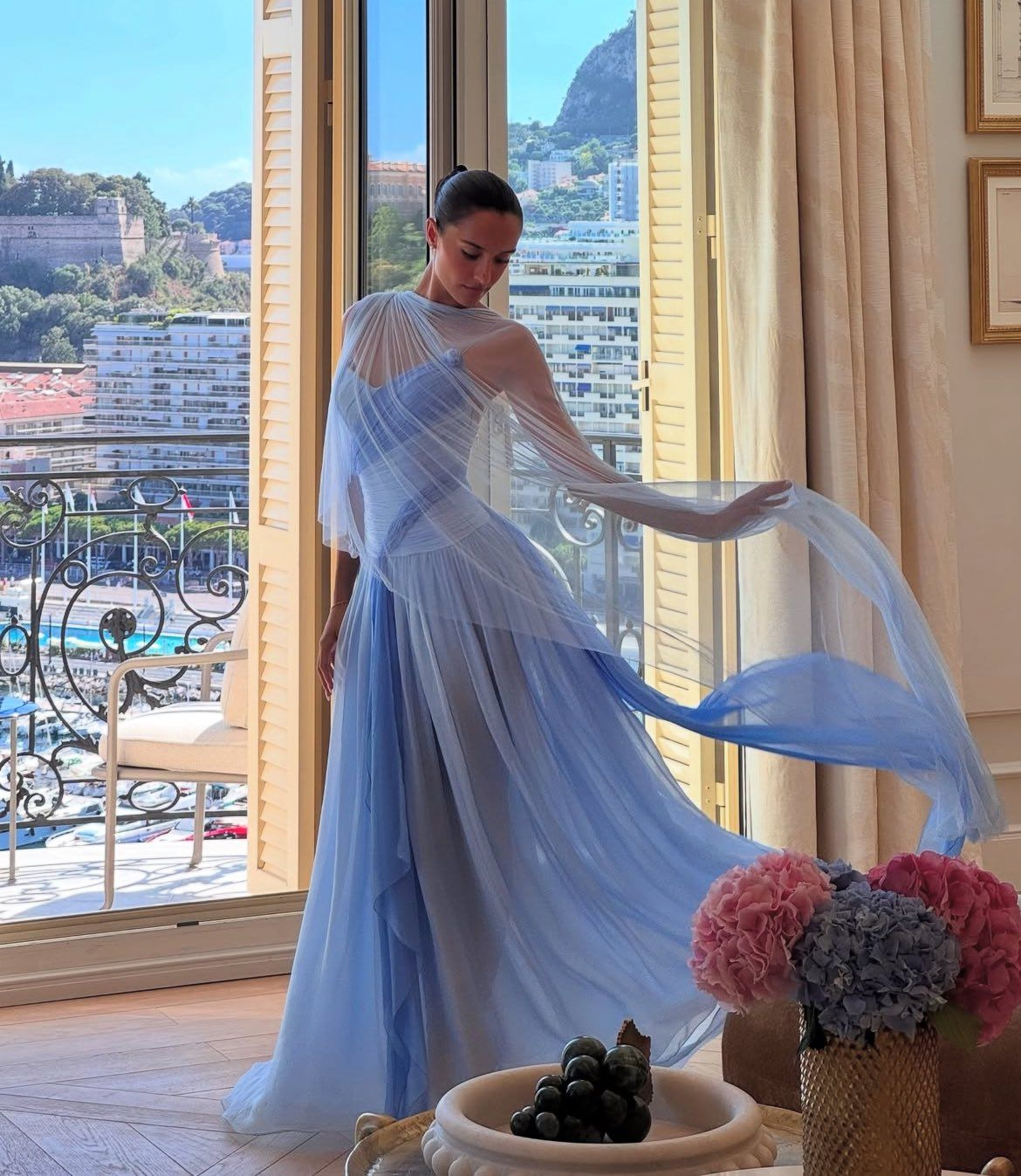 Classy Spaghetti Straps V Neck Blue Chiffon Mermaid Party Dress Long Wedding Guest Dress SP969