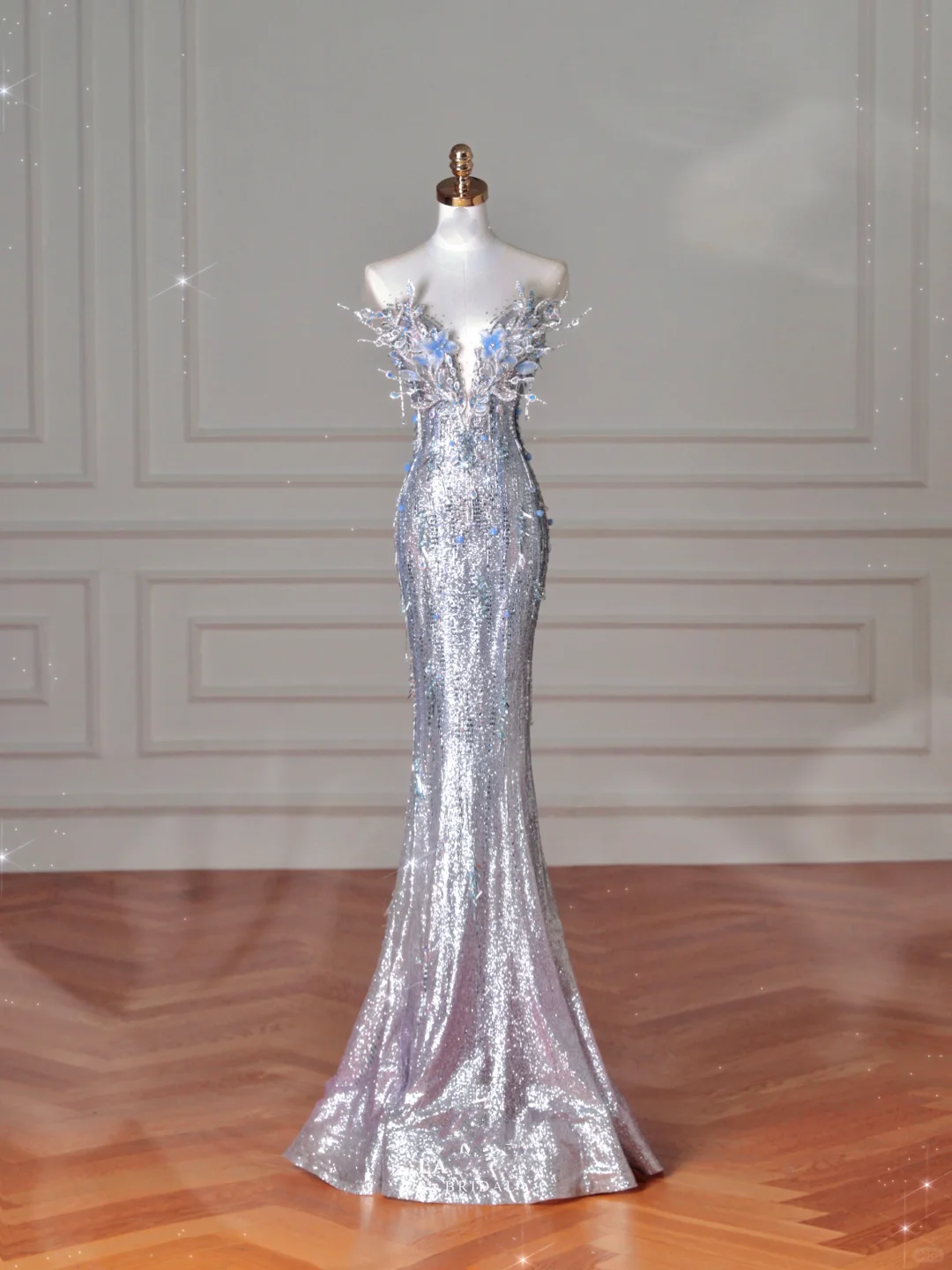 Luxury Silver Sequin 3D Beaded Mermaid Evening Dress,Long Prom Dress With Bow Y8640