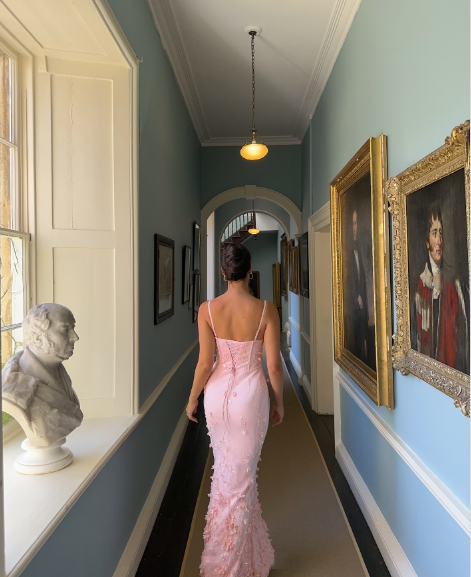 Classy Spaghetti Straps Satin Beaded Appliques Mermaid Party Dress Pink Slit Long Prom Gown SP1036